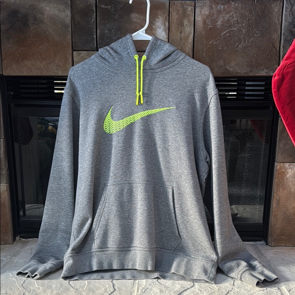 Nike Men's Grey Hoodie with Neon Yellow Accents